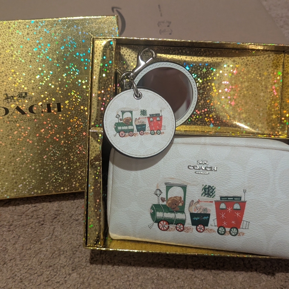 Coach White Kids Train Print Pouch and Keychain Set